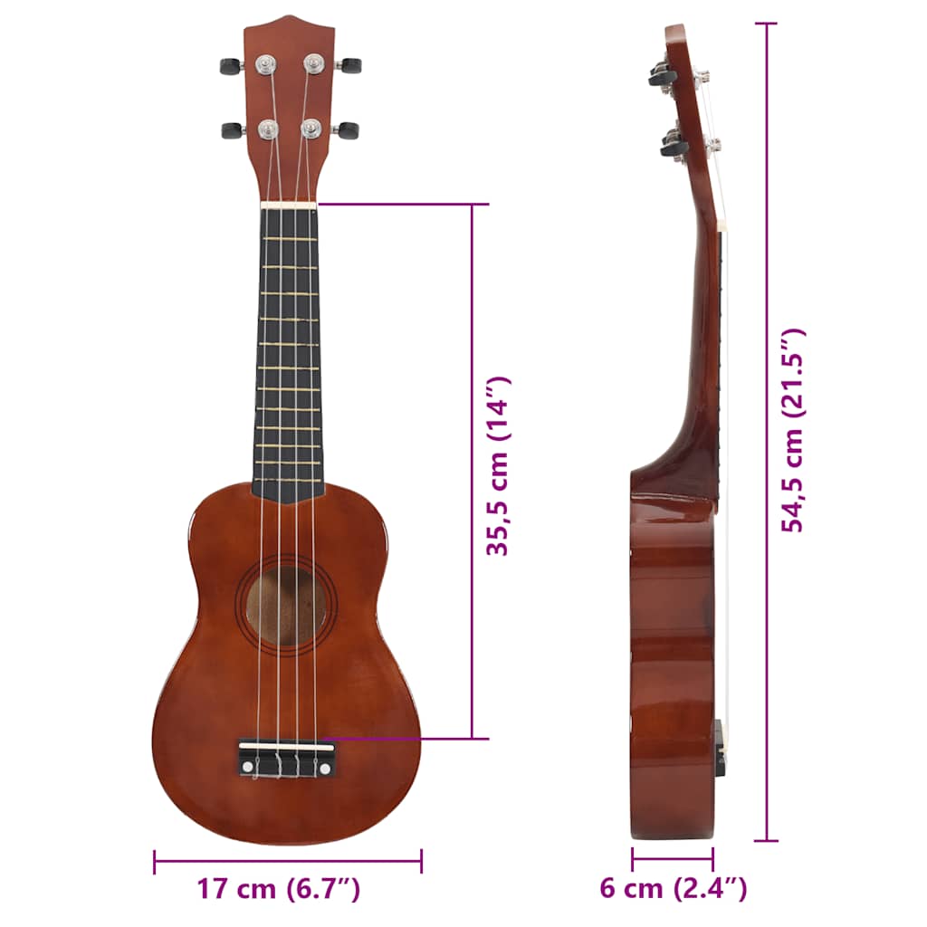 Ukulele med väska för barn sopran mörkt trä 21"