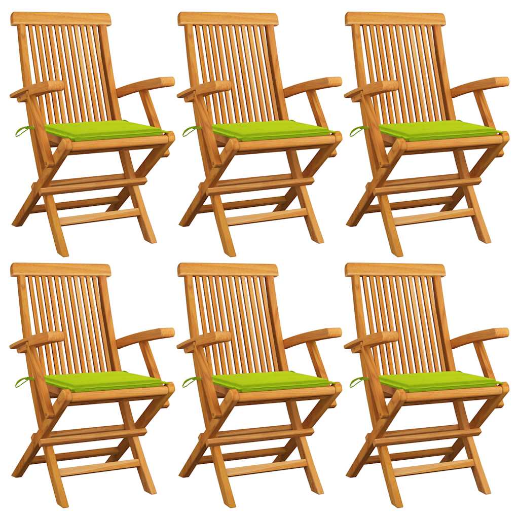 Trädgårdsstolar med ljusgröna dynor 6 st massiv teak