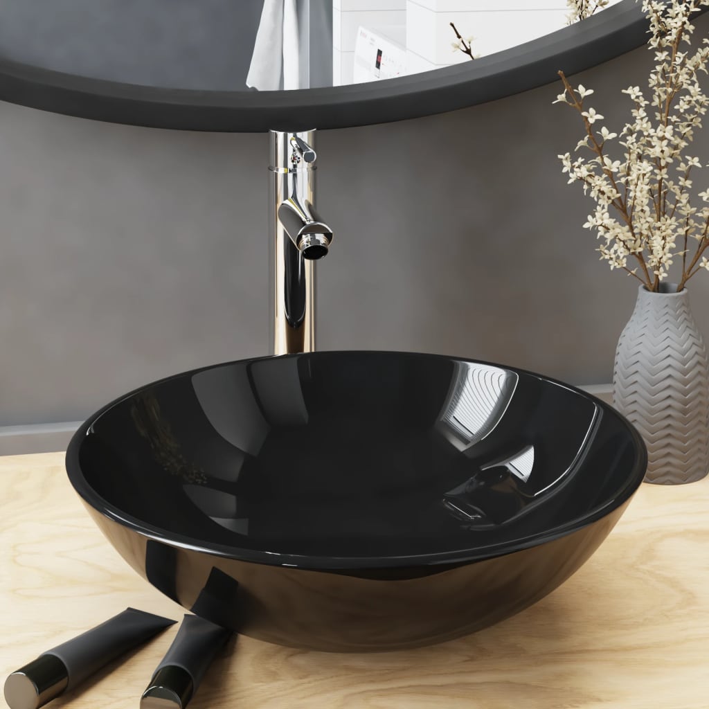 Handfat med kran och tryckavlopp härdat glas