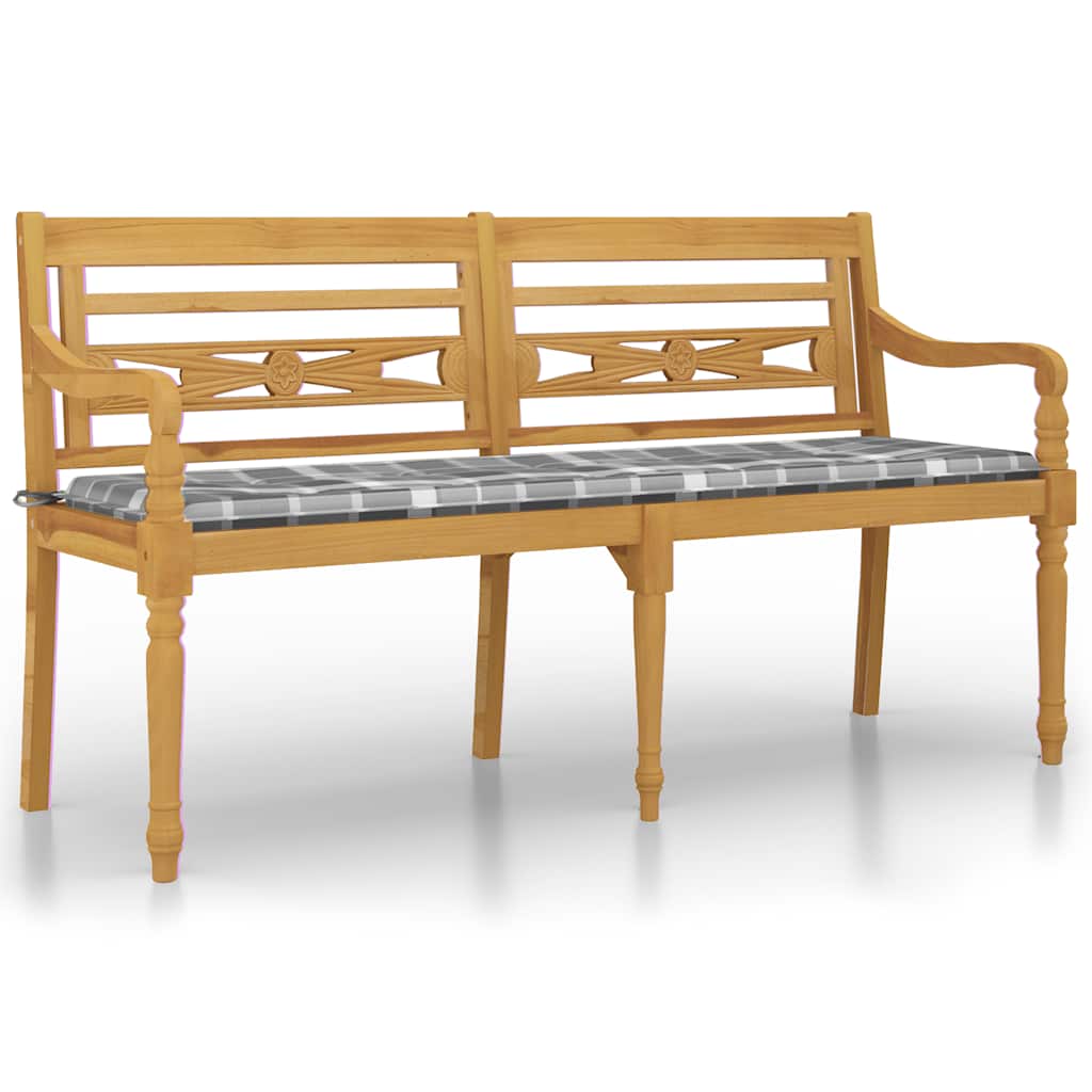 Bataviabänk med grårutig dyna 150 cm massiv teak