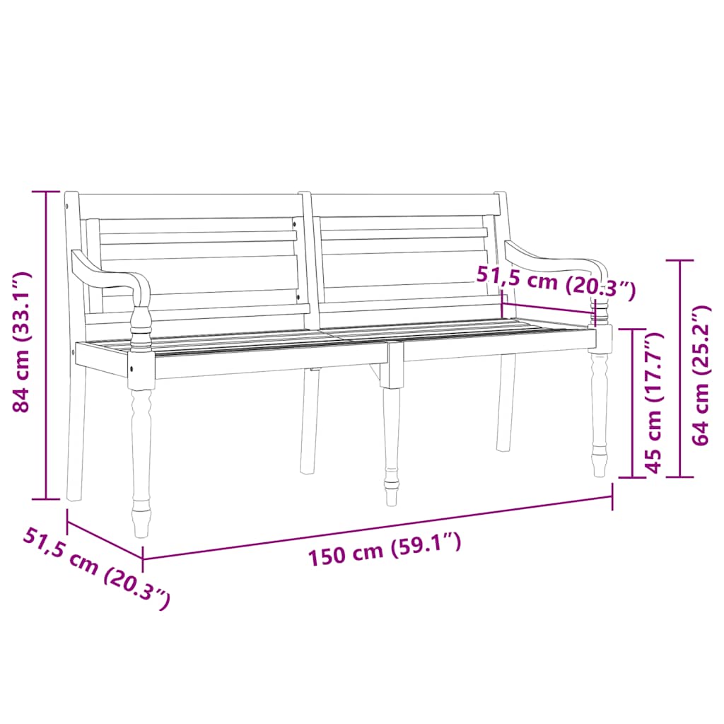 Bataviabänk med grårutig dyna 150 cm massiv teak