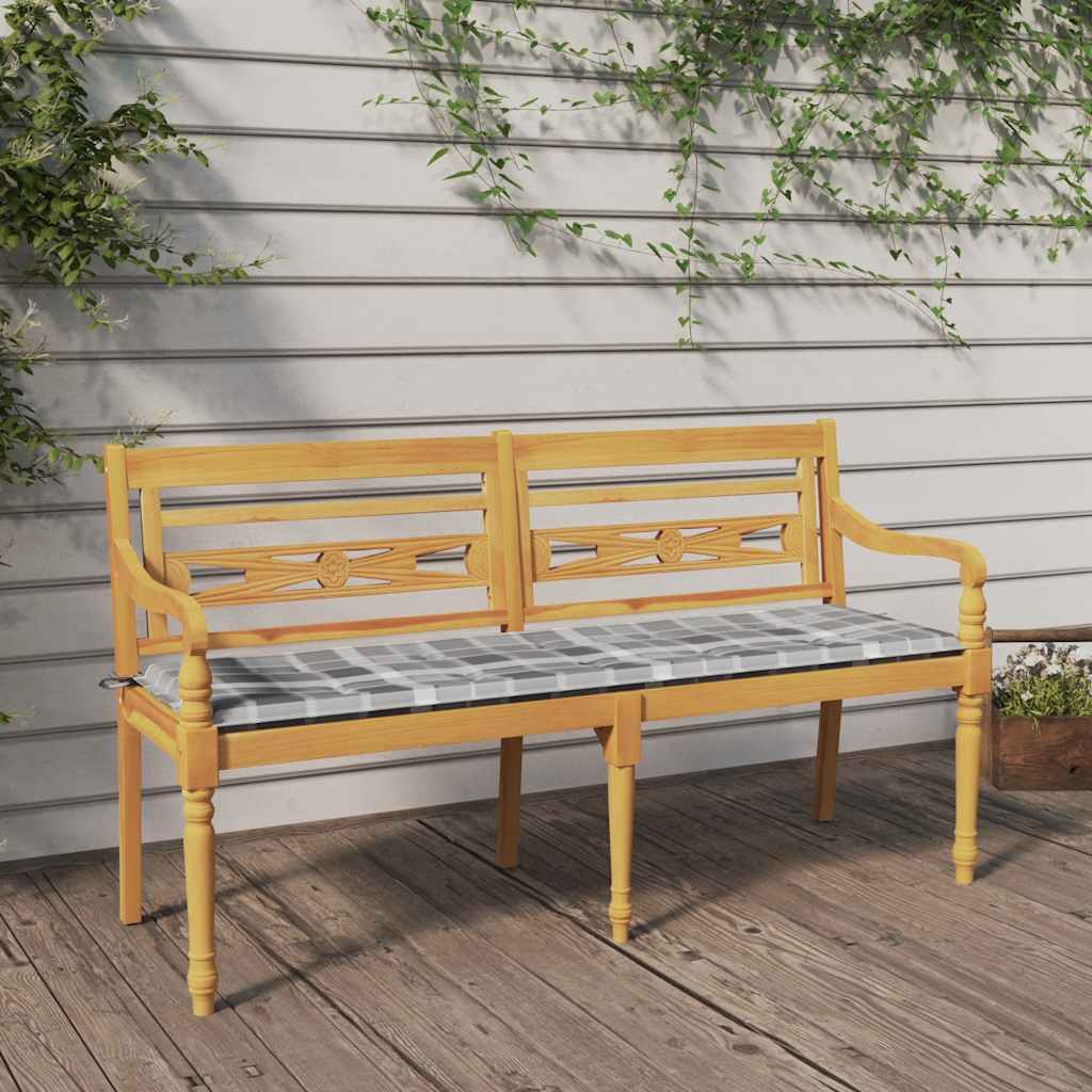 Bataviabänk med grårutig dyna 150 cm massiv teak