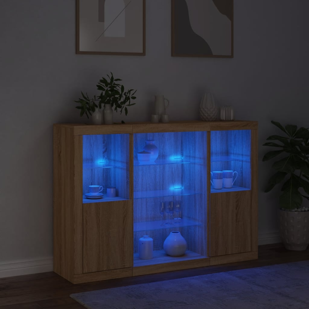 Skänkar med LED-belysning 3 st -ek konstruerat trä