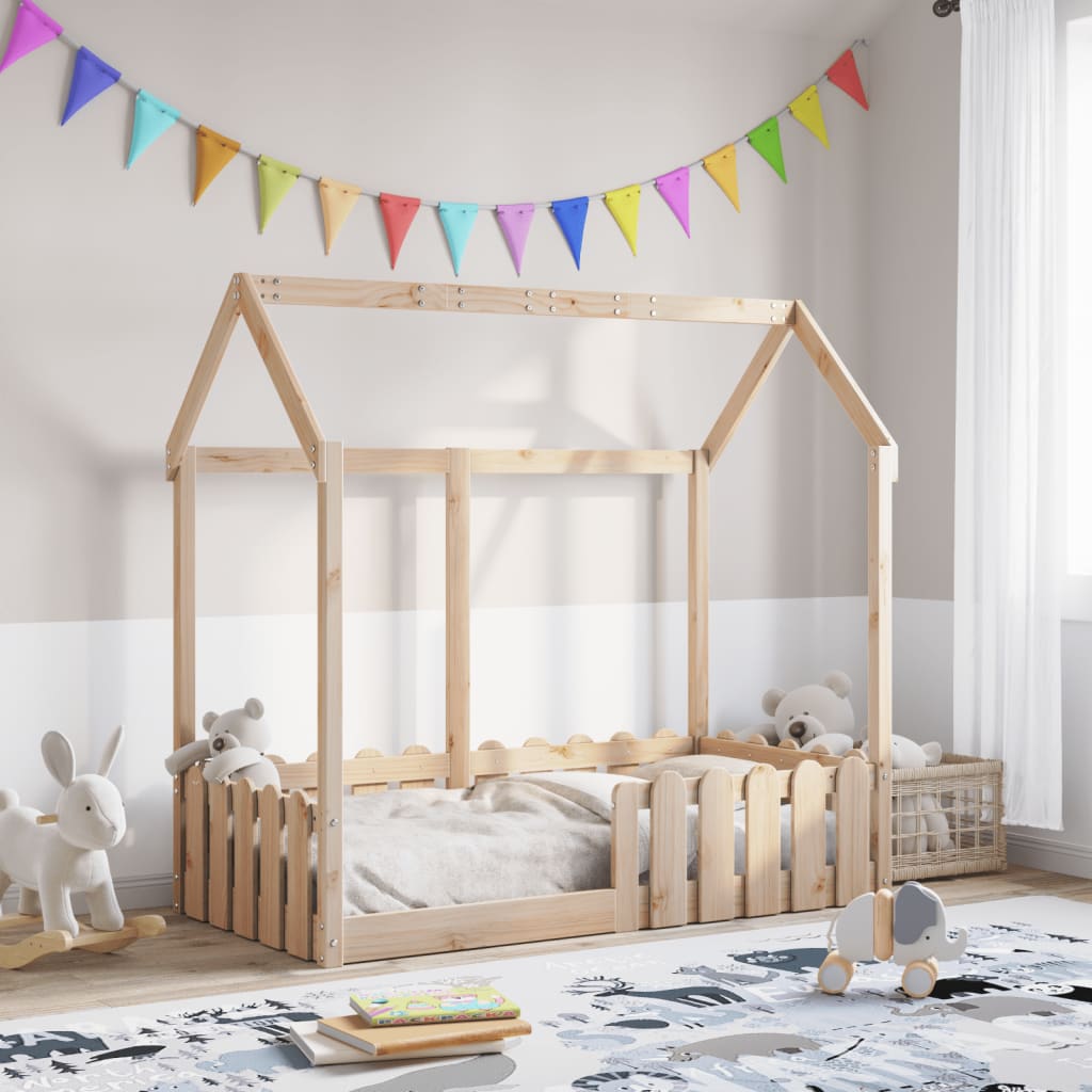 Barnsäng med husram massiv furu