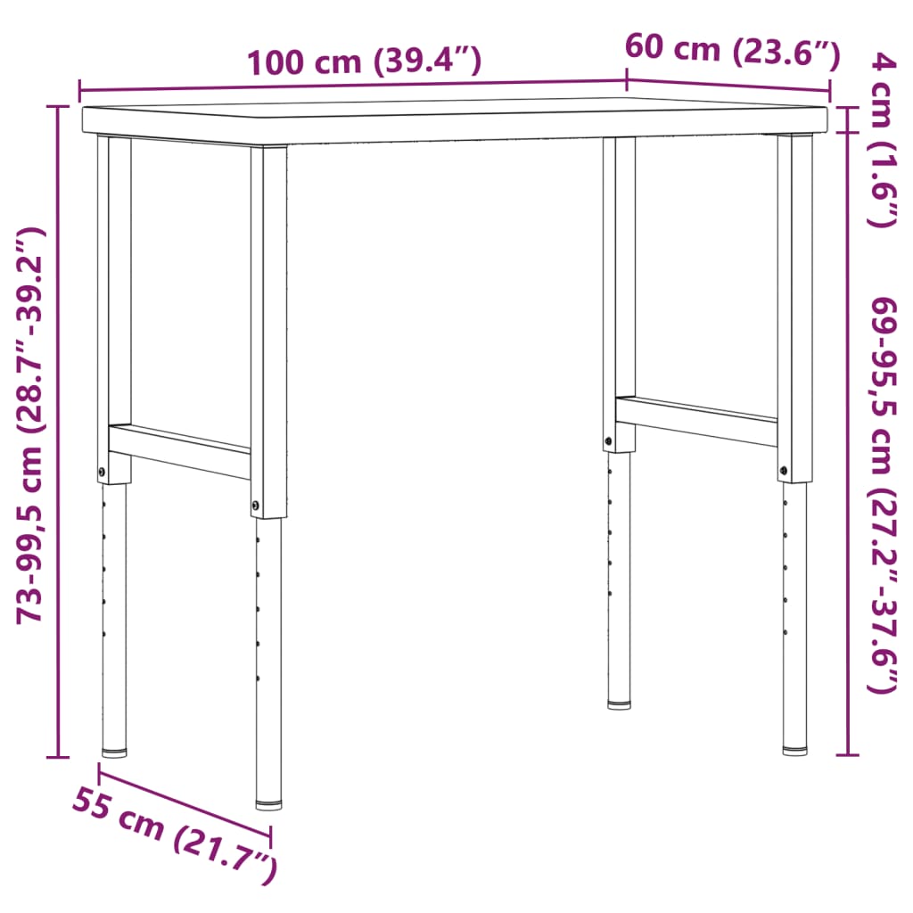 Arbetsbänk 100x60x(73-99,5) cm massiv ek rektangulär