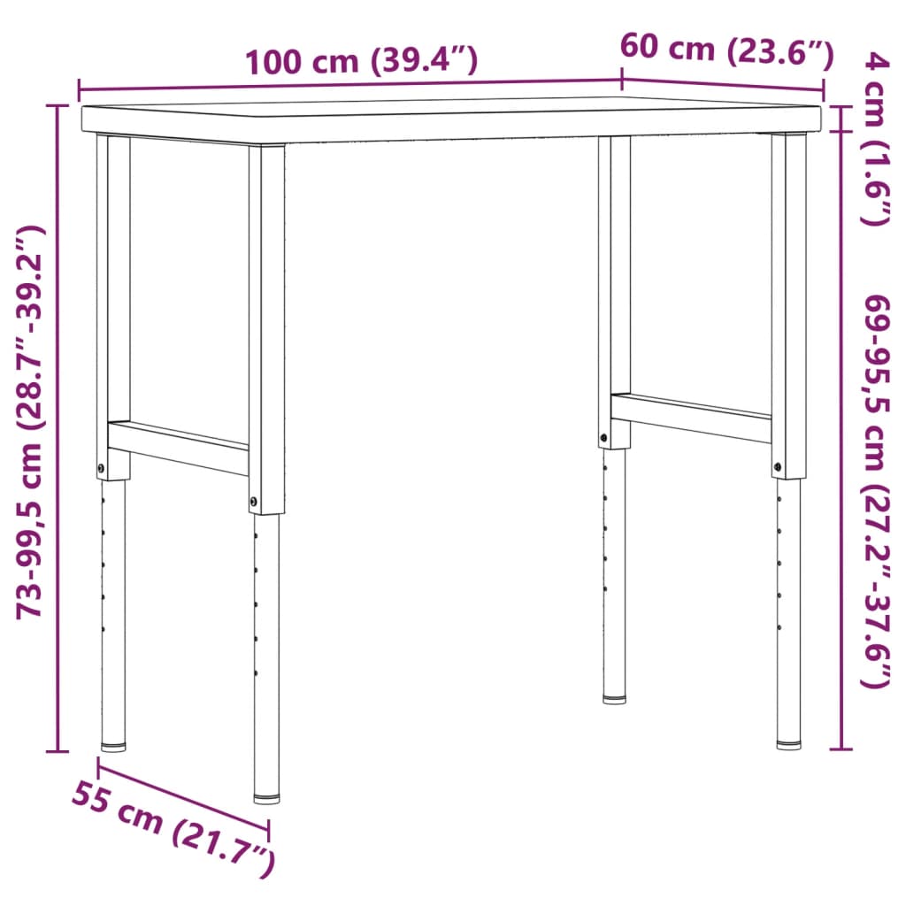 Arbetsbänk 100x60x(73-99,5) cm massivt bokträ rektangulär