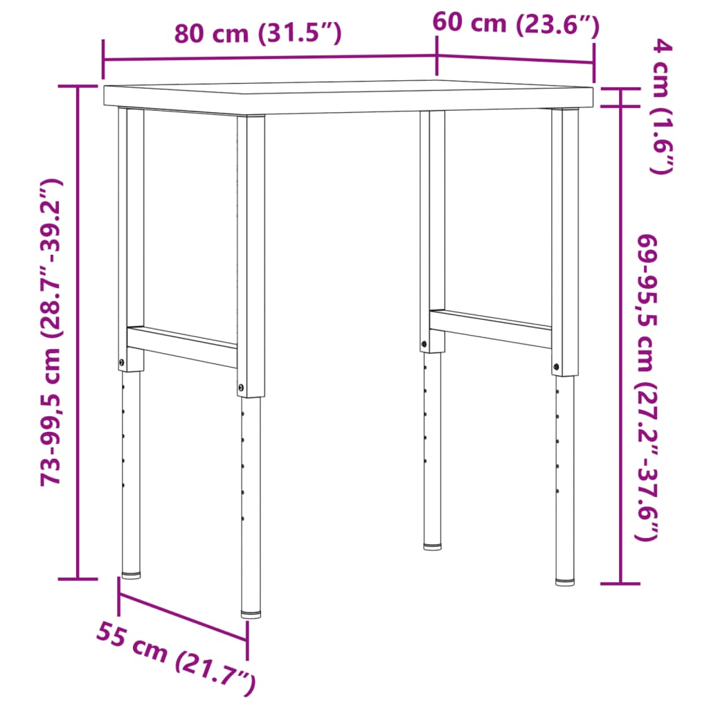 Arbetsbänk 80x60x(73-99,5) cm massiv akacia rektangulär