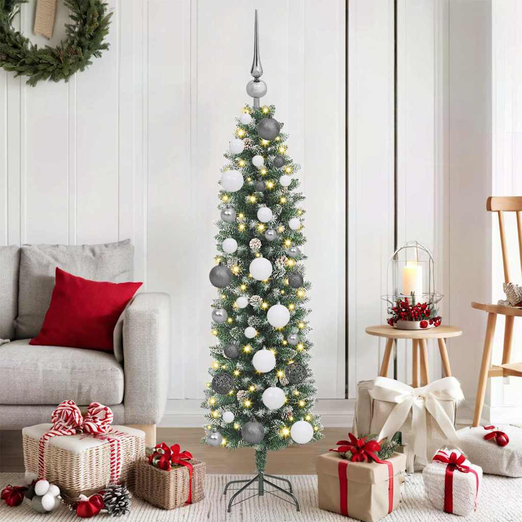 Konstgjort Smalt Julträd med 150 LED-lampor Grön och Vit 120 Cm
