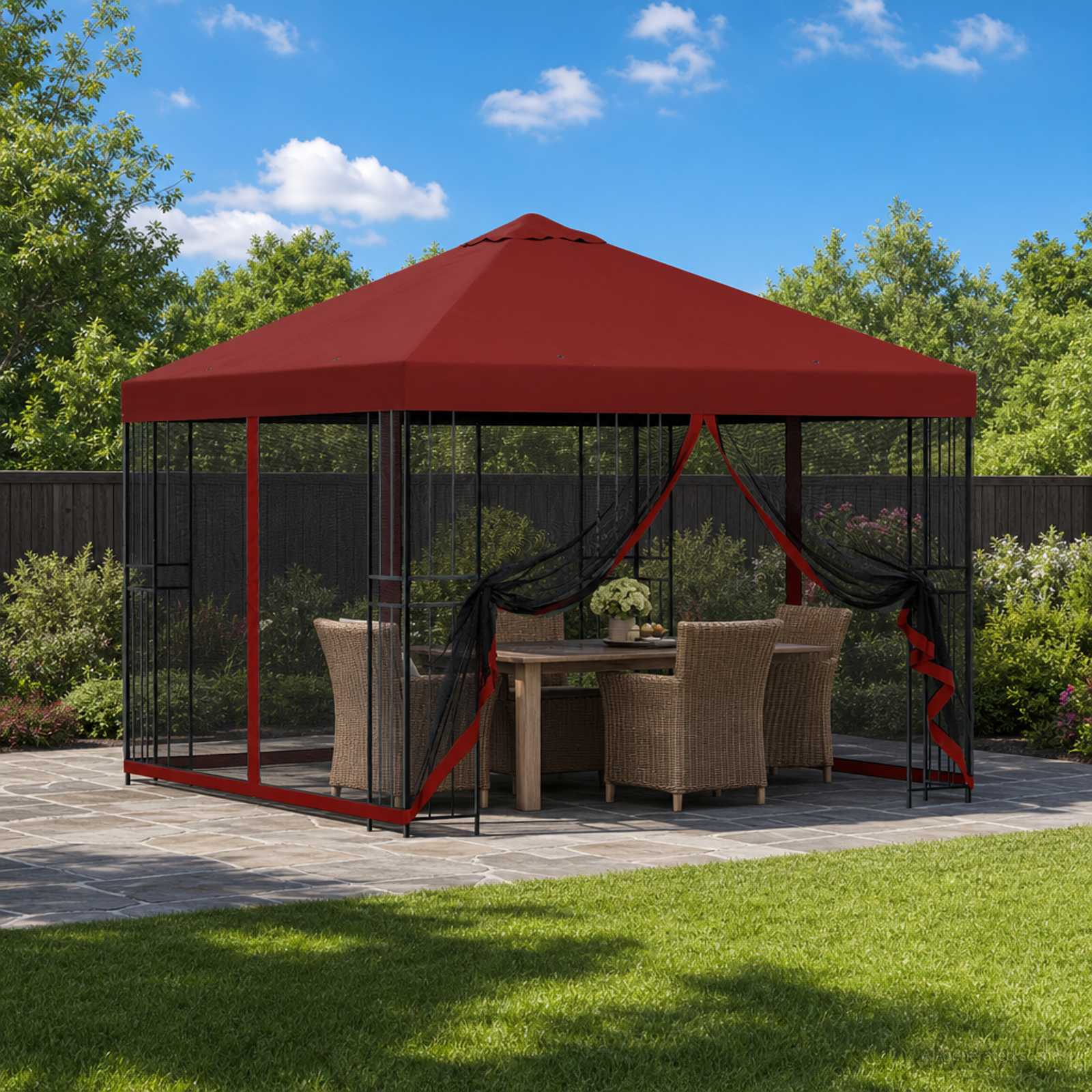 Trädgårdsgazebo med sidoväggar Vinröd