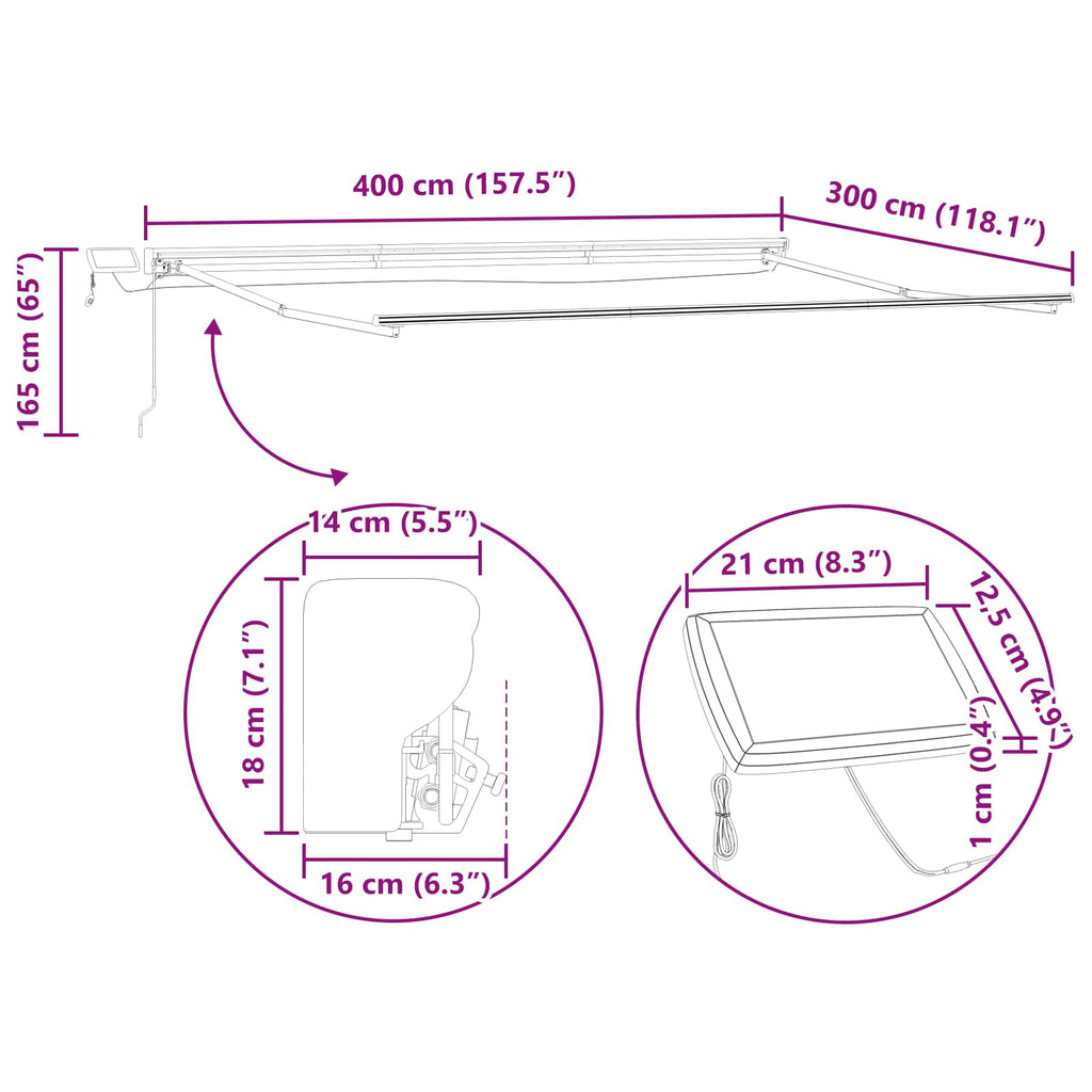 Manuell Markisram med LED-lampor och 4 × 3 M